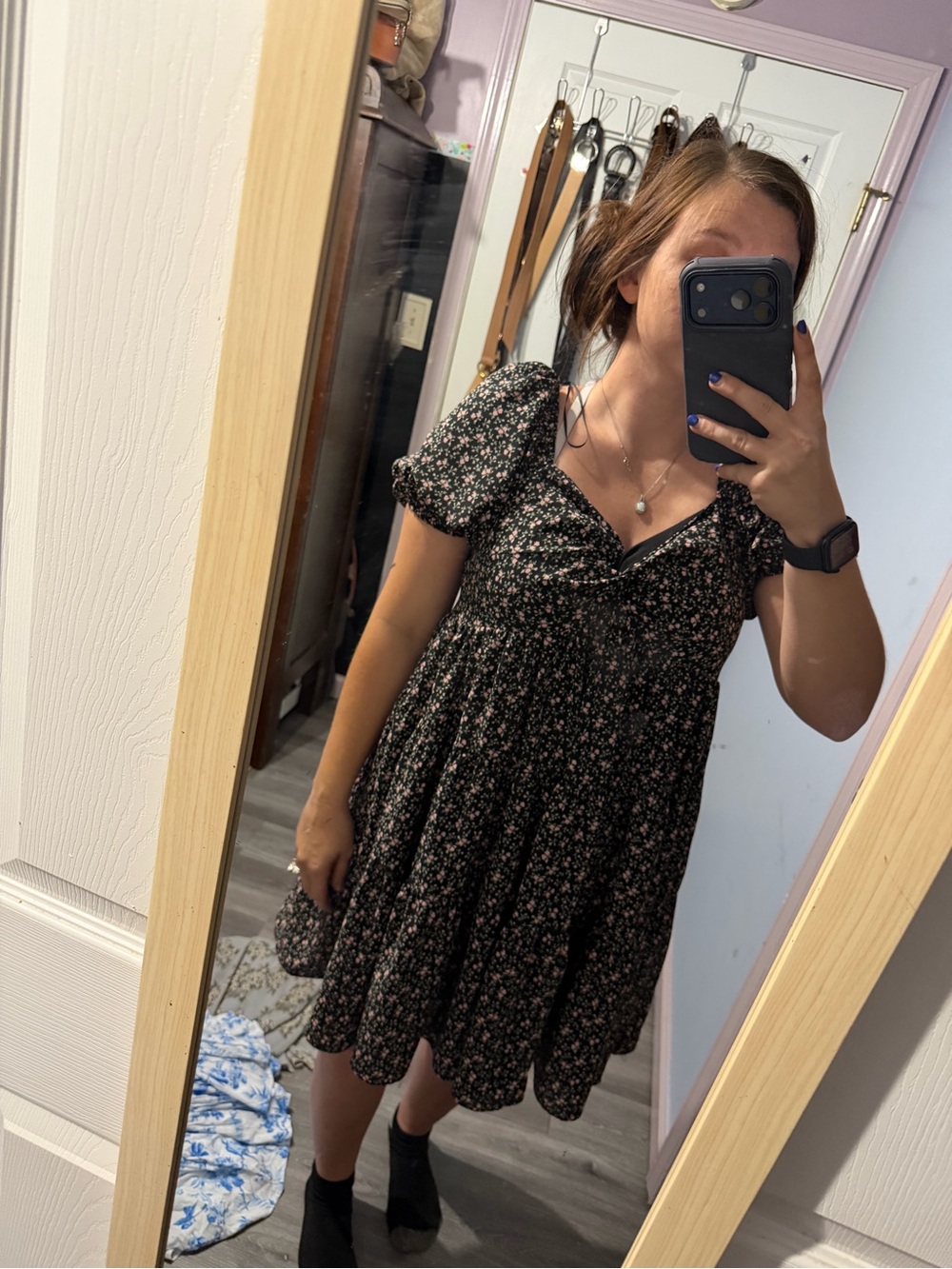English Factory Black Floral Puff-Sleeve Midi Dress